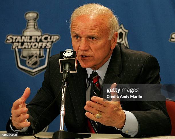 Head Coach Jacques Lemaire of the New Jersey Devils is interviewed by the media after the Philadelphia Flyers defeated the Devils in Game Five of the...