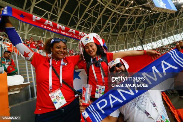 Panama's fans cheer before the Russia 2018 World Cup Group G football match between Panama and Tunisia at the Mordovia Arena in Saransk on June 28,...