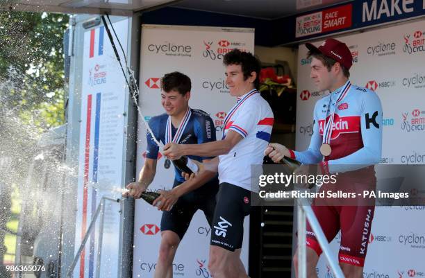 Harry Tanfield of Canyon Eisberg , Geraint Thomas and Alex Dowsett on the podium after the men's elite race during the HSBC UK National Road...