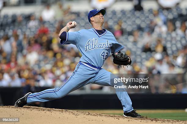 Pitcher Tim Hudson of the Atlanta Braves throws against the San Diego Padres at Petco Park on Thursday, April 15, 2010 in San Diego, California....