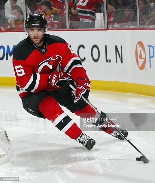 Andy Greene of the New Jersey Devils plays the puck against the Philadelphia Flyers in Game Five of the Eastern Conference Quarterfinals during the...