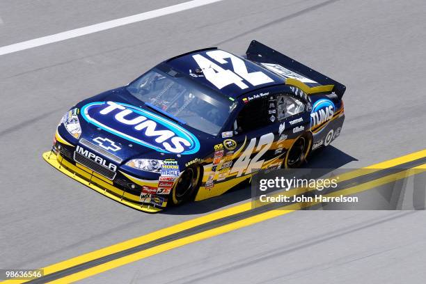 Juan Pablo Montoya drives the TUMS Chevrolet during practice for the NASCAR Sprint Cup Series Aaron's 499 at Talladega Superspeedway on April 23,...