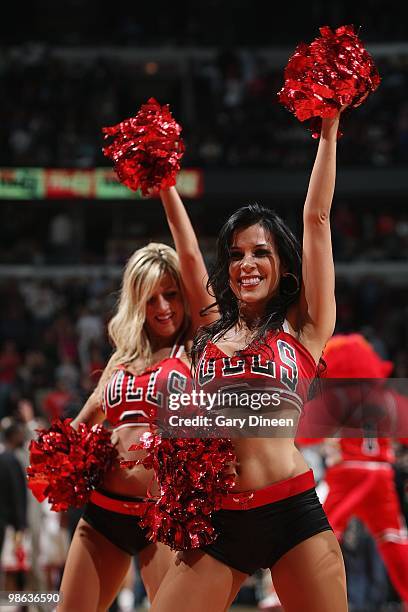 The Chicago Bulls dance team performs during the game against the Boston Celtics on April 13, 2010 at the United Center in Chicago, Illinois. The...