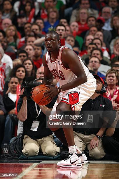 Luol Deng of the Chicago Bulls looks to move the ball against the Boston Celtics during the game on April 13, 2010 at the United Center in Chicago,...