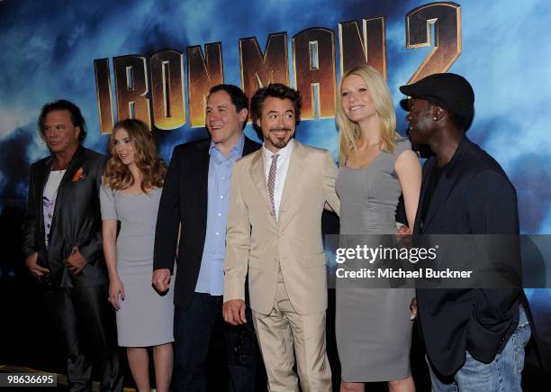 Actor Mickey Rourke, actress Scarlett Johansson, director Jon Favreau, actor Robert Downey Jr., actress Gwenyth Paltrow and actor Don Cheadle attend...