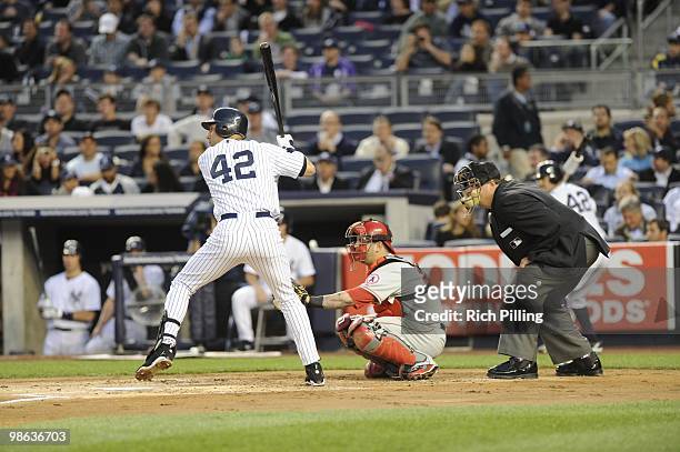 Derek Jeter of the New York Yankees wearing uniform bats during the game against the Los Angeles Angels of Anaheim at Yankee Stadium in the Bronx,...