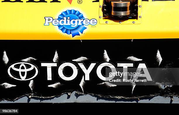 The Pedigree Toyota, driven by Kyle Busch, shows signs of bump drafting damage during practice for the NASCAR Sprint Cup Series Aaron's 499 at...