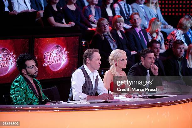 Jury members Harald Gloeoeckler, Peter Kraus, Isabel Edvardsson and Joachim Llambi attend the 'Let's Dance' TV show at Studios Adlershof on April 23,...