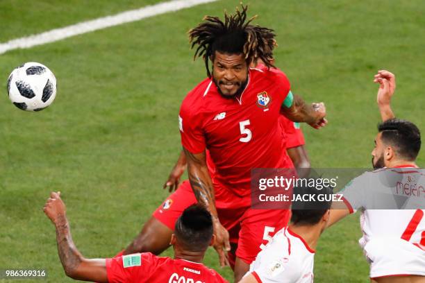 Panama's defender Roman Torres heads the ball during the Russia 2018 World Cup Group G football match between Panama and Tunisia at the Mordovia...