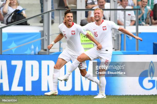 Jan Bednarek of Poland celebrates scoring his side's first goal during the 2018 FIFA World Cup Russia group H match between Japan and Poland at...