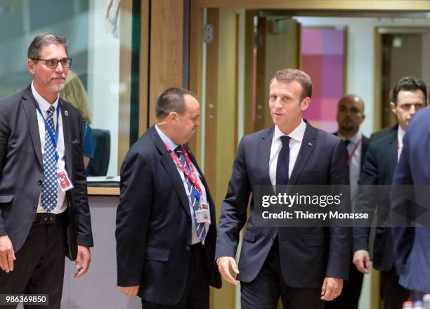 French President Emmanuel Macron arrives for an EU Summit at European Council on June 28, 2018 in Brussels, Belgium.