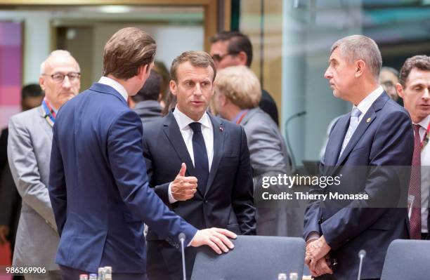 Austrian Chancellor Sebastian Kurz is talking with the French President Emmanuel Macron and the Czech Prime Minister Andrej Babis during an EU Summit...