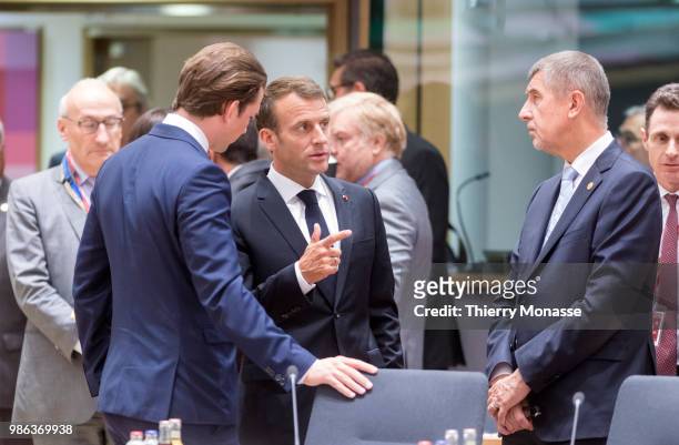 Austrian Chancellor Sebastian Kurz is talking with the French President Emmanuel Macron and the Czech Prime Minister Andrej Babis during an EU Summit...