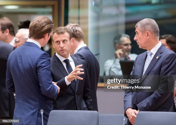 Austrian Chancellor Sebastian Kurz is talking with the French President Emmanuel Macron and the Czech Prime Minister Andrej Babis during an EU Summit...