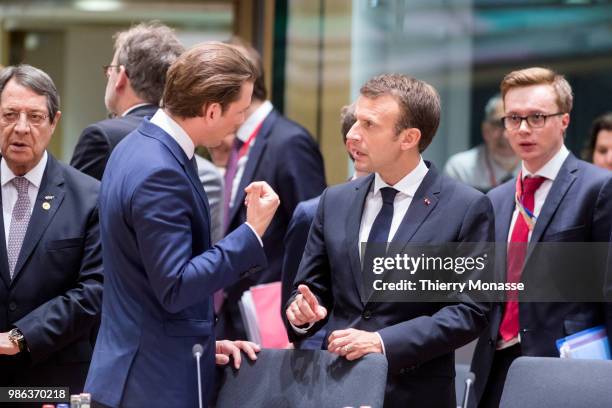 Cyprus President Nikos Anastasiadis is talking with the Austrian Chancellor Sebastian Kurz and the French President Emmanuel Macron during an EU...