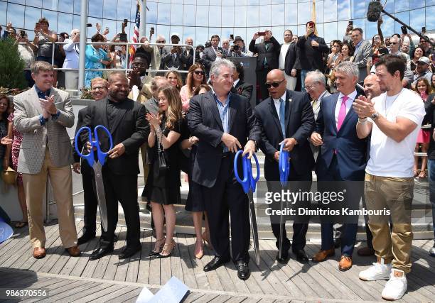 Scott Brown, Bruce Deifik, Atlantic City Mayor Frank Gilliam, Frank Ruocco and Mark Wahlberg attend the Ocean Resort Casino opening weekend ribbon...