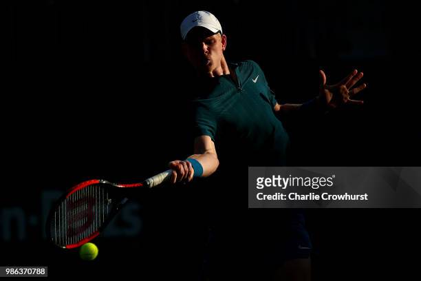 Kyle Edmund of Great Britain in action during his mens singles quarter final against Mikhail Kukushkin of Kazakstan during Day Seven of the Nature...
