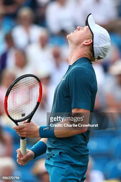 Kyle Edmund of Great Britain looks on dejected during his mens singles quarter final against Mikhail Kukushkin of Kazakstan during Day Seven of the...