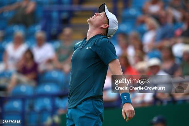 Kyle Edmund of Great Britain looks on dejected during his mens singles quarter final against Mikhail Kukushkin of Kazakstan during Day Seven of the...