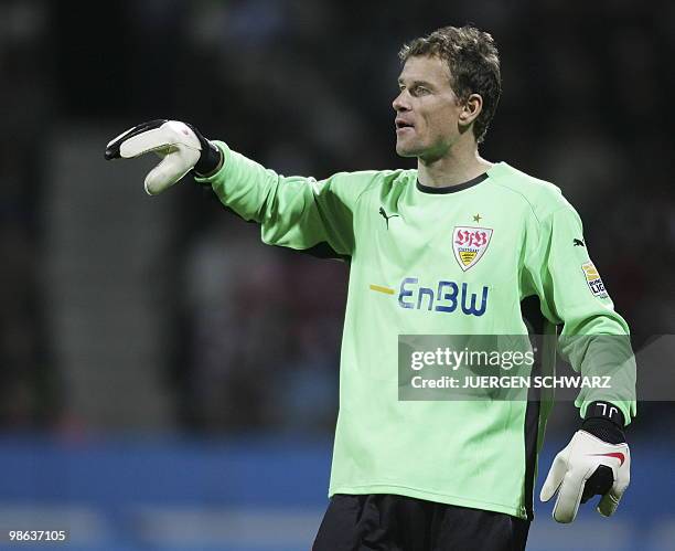 Stuttgart's goalkeeper Jens Lehmann gestures during the German first division Bundesliga football match VfL Bochum vs VfB Stuttgart iin the western...