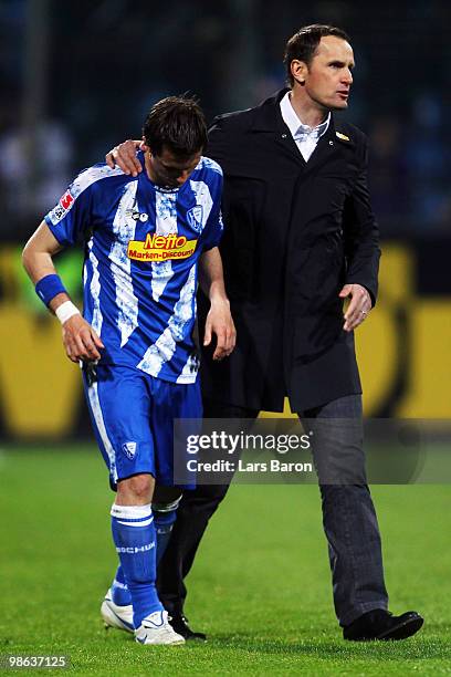 Head coach Heiko Herrlich of Bochum looks dejected next to Philipp Boenig after losing the Bundesliga match between VfL Bochum and VfB Stuttgart at...