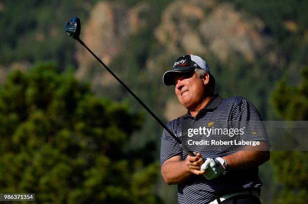 Kenny Perry makes a tee shot on the 10th hole during round one of the U.S. Senior Open Championship at The Broadmoor Golf Club on June 28, 2018 in...