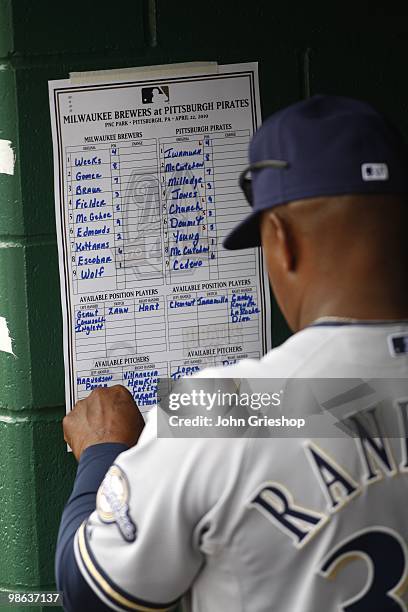 Willie Randolph of the Milwaukee Brewers checks out the starting lineup before the game between the Milwaukee Brewers and the Pittsburgh Pirates on...