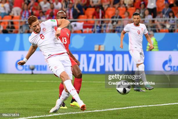 Fakhreddine Ben Youssef of Tunisia scores his team's first goal to level the match 1-1 during the 2018 FIFA World Cup Russia group G match between...