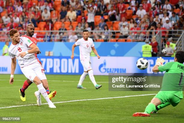 Fakhreddine Ben Youssef of Tunisia scores his team's first goal to level the match 1-1 during the 2018 FIFA World Cup Russia group G match between...