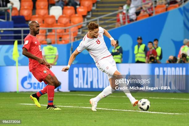 Fakhreddine Ben Youssef of Tunisia scores his team's first goal to level the match 1-1 during the 2018 FIFA World Cup Russia group G match between...