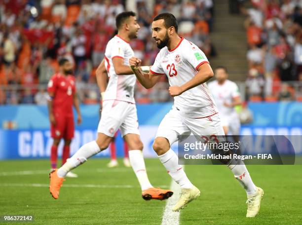 Naim Sliti of Tunisia celebrate his team's first goal during the 2018 FIFA World Cup Russia group G match between Panama and Tunisia at Mordovia...