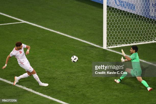 Fakhreddine Ben Youssef of Tunisia scores his team's first goal to level the match 1-1 during the 2018 FIFA World Cup Russia group G match between...