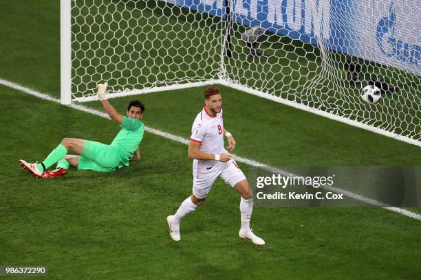 Fakhreddine Ben Youssef of Tunisia celebrates after scoring his team's first goal during the 2018 FIFA World Cup Russia group G match between Panama...