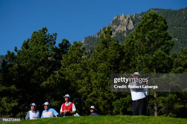Tommy Armour III makes a tee shot on the 12th hole during round one of the U.S. Senior Open Championship at The Broadmoor Golf Club on June 28, 2018...