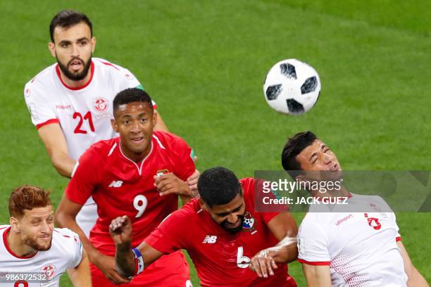 Panama's midfielder Gabriel Gomez fights for the ball with Tunisia's defender Rami Bedoui during the Russia 2018 World Cup Group G football match...