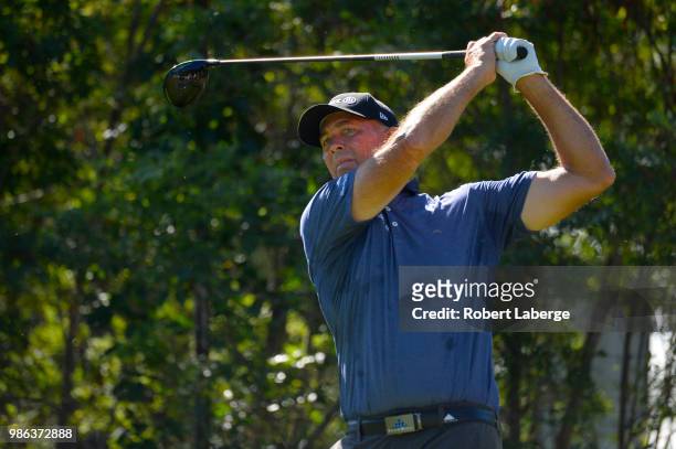 Tom Lehman makes a tee shot on the 13th hole during round one of the U.S. Senior Open Championship at The Broadmoor Golf Club on June 28, 2018 in...