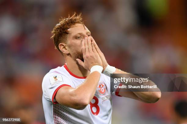 Fakhreddine Ben Youssef of Tunisia reacts during the 2018 FIFA World Cup Russia group G match between Panama and Tunisia at Mordovia Arena on June...