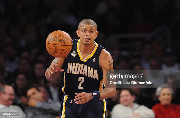 Earl Watson of the Indians Pacers drives the ball upcourt during the game against the Los Angeles Lakers at Staples Center on March 2, 2010 in Los...