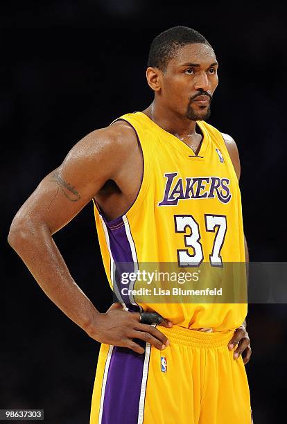 Ron Artest of the Los Angeles Lakers looks on during the game against the Indians Pacers at Staples Center on March 2, 2010 in Los Angeles,...