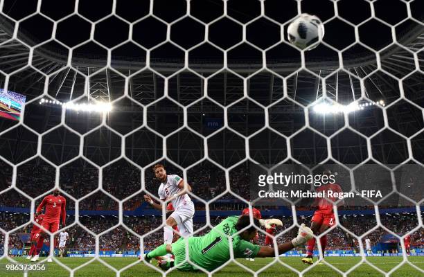 Fakhreddine Ben Youssef of Tunisia scores past Jaime Penedo of Panama his team's first goal to level the match 1-1 during the 2018 FIFA World Cup...