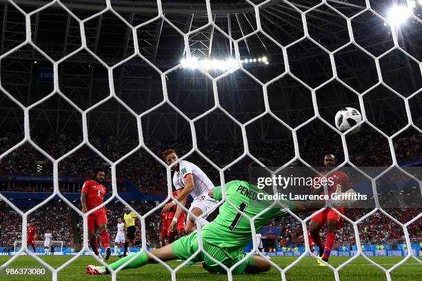 Fakhreddine Ben Youssef of Tunisia scores past Jaime Penedo of Panama his team's first goal to level the match 1-1 during the 2018 FIFA World Cup...