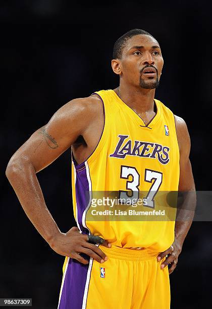Ron Artest of the Los Angeles Lakers looks on during the game against the Indians Pacers at Staples Center on March 2, 2010 in Los Angeles,...