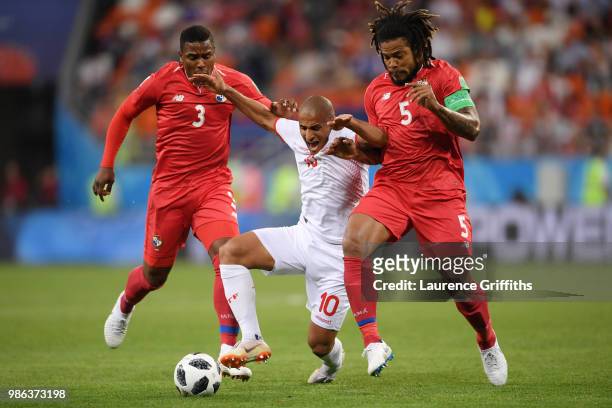 Wahbi Khazri of Tunisia challenge for the ball with pan5a and Harold Cummings of Panama during the 2018 FIFA World Cup Russia group G match between...