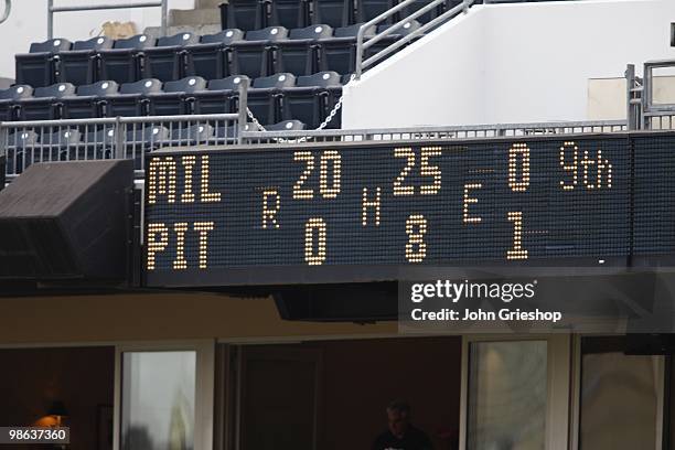 The scoreboard tells the story of the game between the Milwaukee Brewers and the Pittsburgh Pirates on Thursday, April 22 at PNC Park in Pittsburgh,...