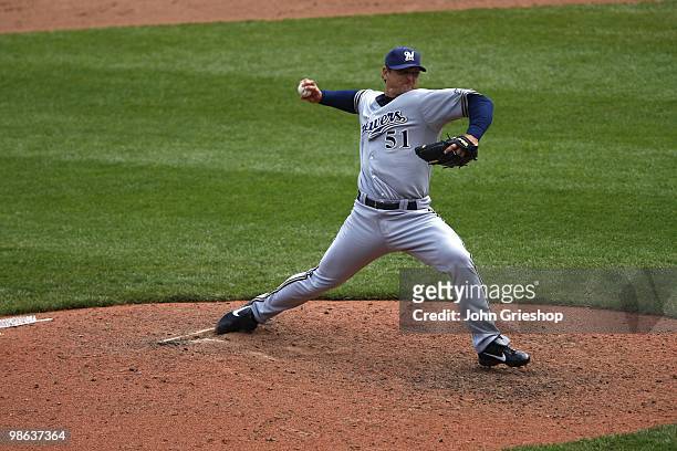 Trevor Hoffman of the Milwaukee Brewers delivers a pitch during the game between the Milwaukee Brewers and the Pittsburgh Pirates on Thursday, April...