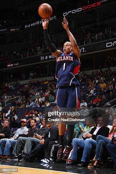 Maurice Evans of the Atlanta Hawks shoots a jump shot during the game against the Washington Wizards at the Verizon Center on April 10, 2010 in...
