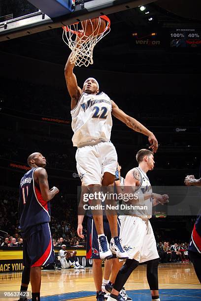 James Singleton of the Washington Wizards dunks during the game against the Atlanta Hawks at the Verizon Center on April 10, 2010 in Washington, D.C....