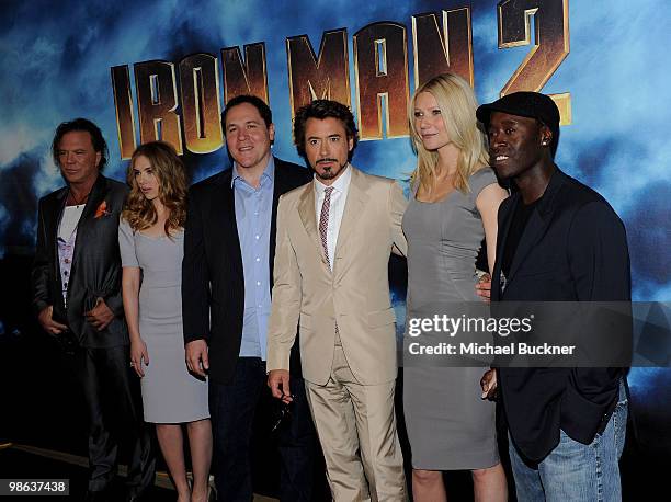 Actor Mickey Rourke, actress Scarlett Johansson, director Jon Favreau, actor Robert Downey Jr., actress Gwenyth Paltrow and actor Don Cheadle attend...