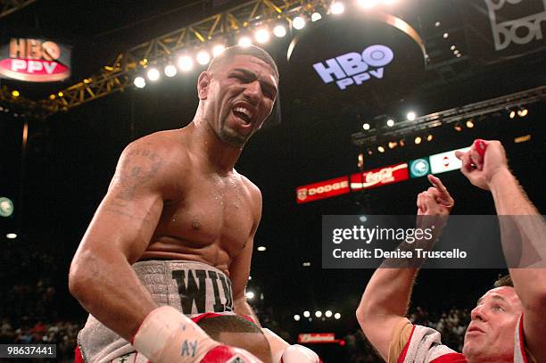 Winky Wright, WBC Middleweight Champion with his trainer Dan Birmingham, trainer of the year during their middleweight fight at the MGM Grand on...