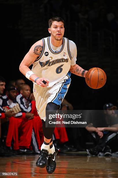 Mike Miller of the Washington Wizards moves the ball up court during the game against the Atlanta Hawks at the Verizon Center on April 10, 2010 in...